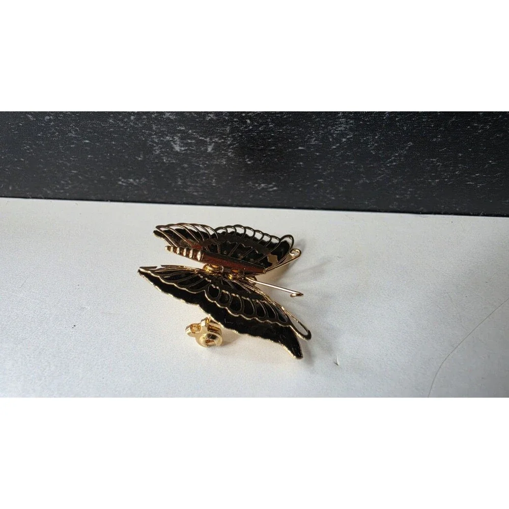Black And Gold Tone Metal Butterfly Brooch Vintage Costume Jewelry